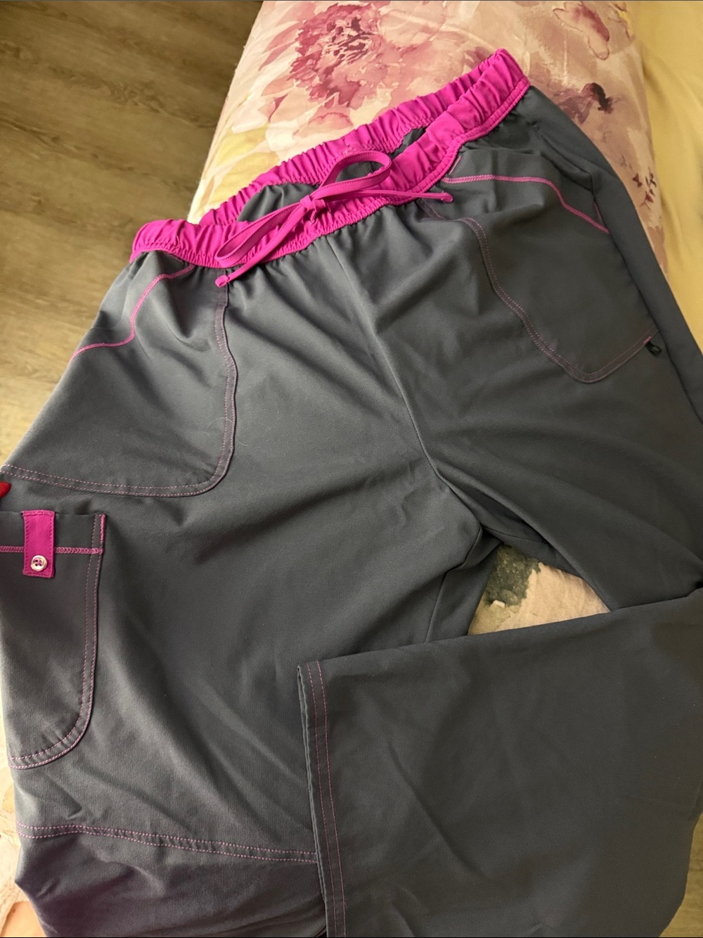 Scrubstar Gray Pants with Bright Pink Waistband